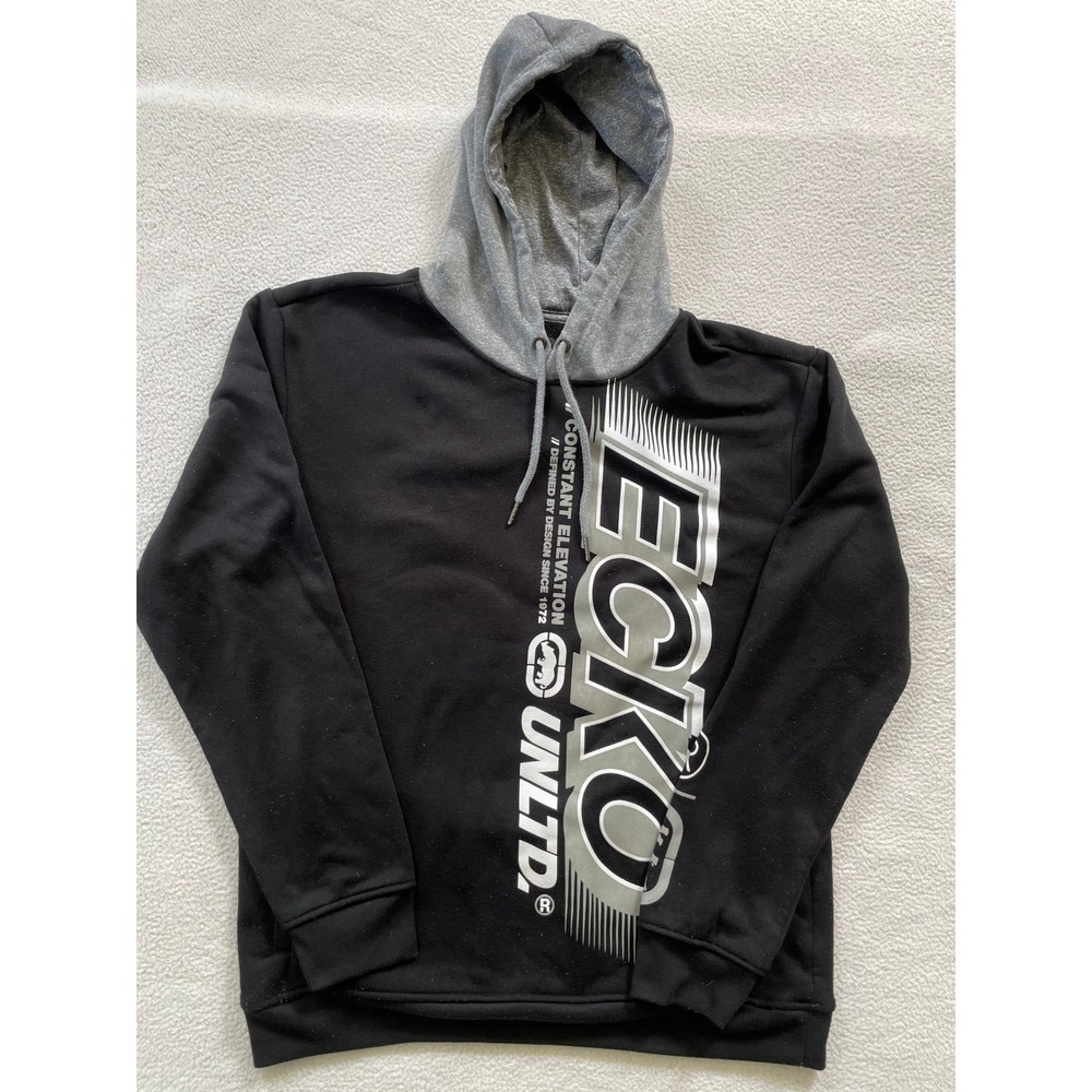 Y2k Ecko Unltd Mens Medium Hoodie Black Grey Graphic Constant Elevation Rhino